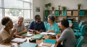 Aposentados e participantes reunidos em encontro de associação