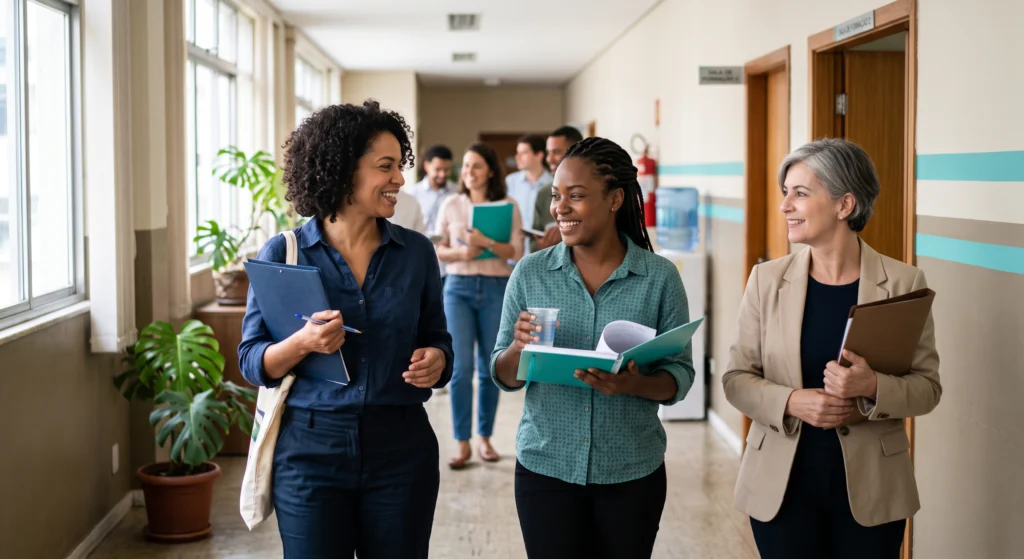 Participantes saindo da sala de formação, conversando