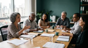 Reunião de um conselho de fundo de pensão, com participantes de várias idades em volta da mesa