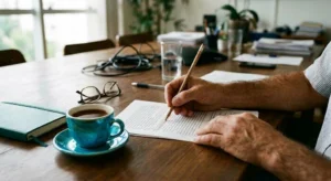 Mãos de uma pessoa sublinhando uma pauta impressa, ao lado de uma xícara de café