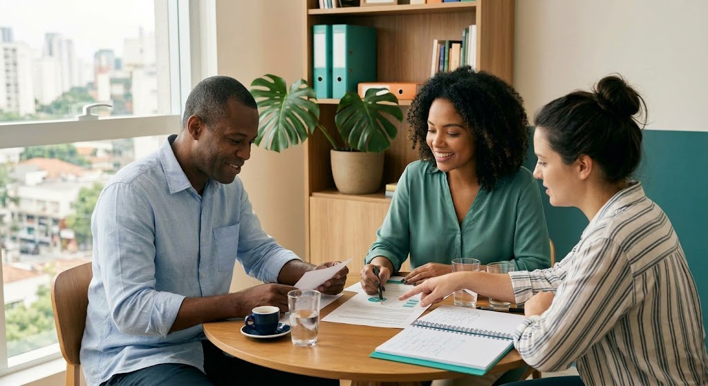 Consultora conversando com dois clientes em uma reunião de acompanhamento