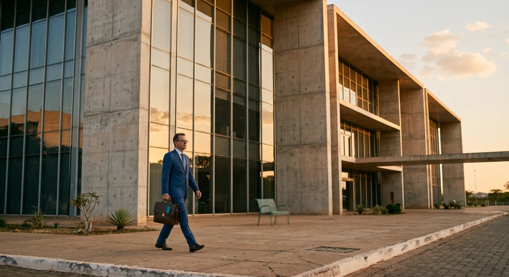 Fachada de um edifício institucional em Brasília ao entardecer