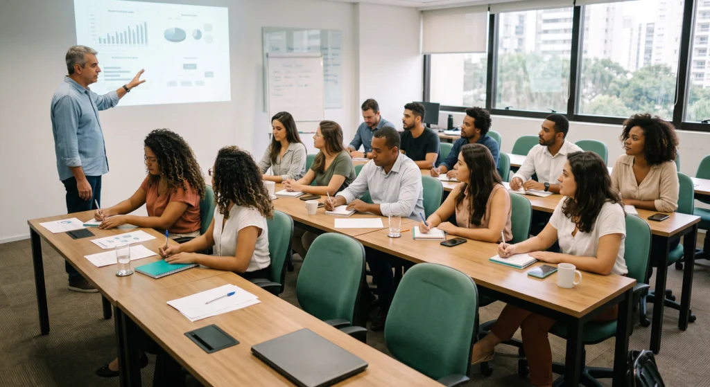 Turma em sala de aula acompanhando a explicação do professor