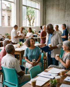 Encontro de uma associação de aposentados em um salão comunitário