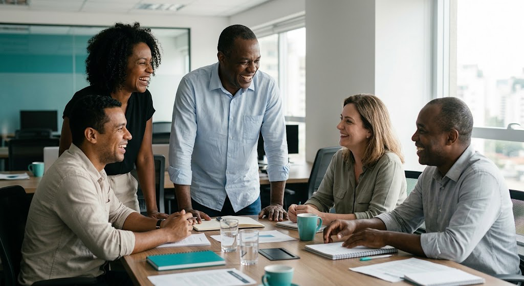 Equipe da Tauer reunida em um escritório