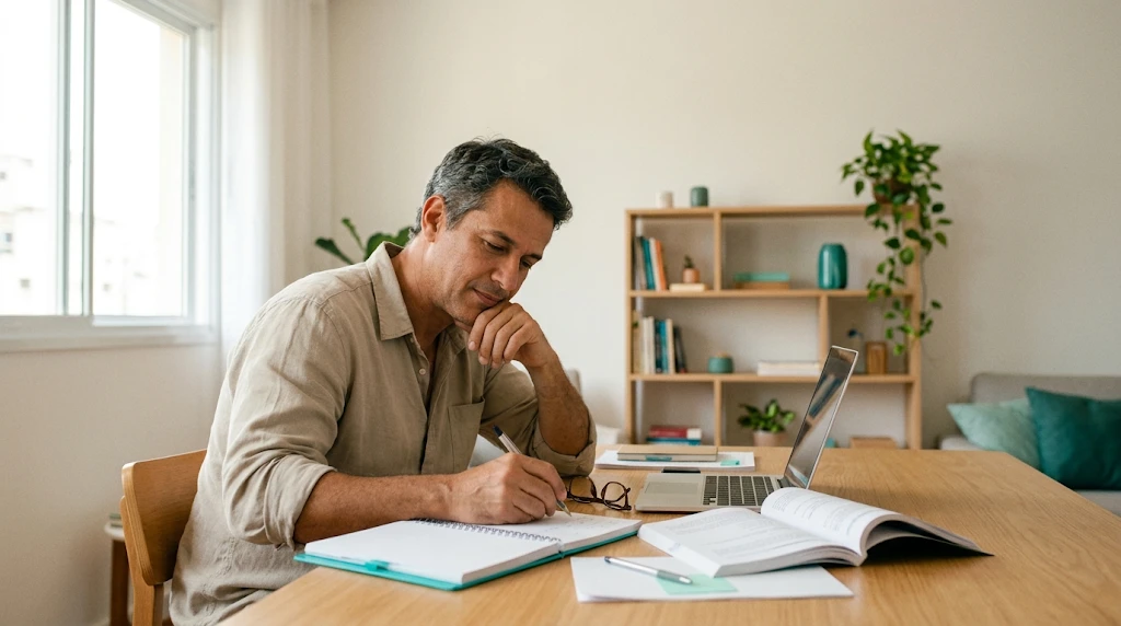 Homem estuda à mesa com caderno, apostila e notebook em uma sala clara
