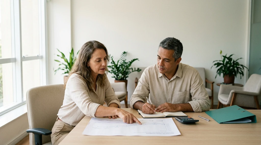 Duas pessoas analisam um gráfico impresso sobre a mesa de uma sala de reunião