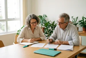 Duas pessoas comparam documentos impressos à mesa de uma sala clara, uma delas fazendo anotações